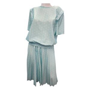 Vintage 80's 2 Piece Pleated Skirt Top Set Seafoam Blue Womens Size 14